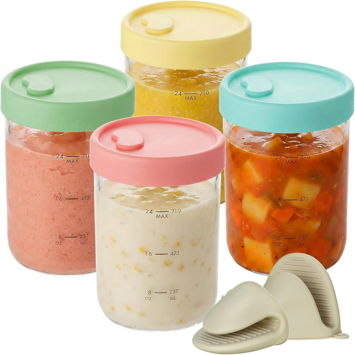 4-Pack 24oz Glass Soup Freezer Containers with Vented Silicone Lids