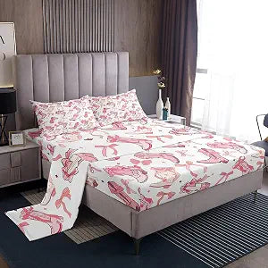 Manfei Cowgirl Bed Sheet Set Twin Size,Western Cowboy Boots Pink Bowknots Sheet Set,Dreamy Fairy Tale Princess Starry Pink White Bedding Set with 1 Flat & 1 Fitted Sheet with 1 Pillow Sham