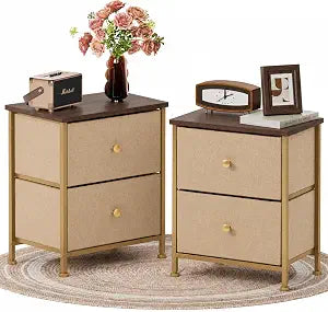 Simple Deluxe Nightstand 2 Drawers Dresser for Bedroom, 3-Tier Bedside Table with Fabric Bins, Night Stand Set 2, End Table for Living Room, Wood Top Load-Bearing up to 44 lb, Khaki