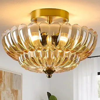 Semi Flush Mount Ceiling Light, 12 Inch Vintage Gold Fixture with Amber Glass Shade, 3-Light Close to Ceiling Lighting for Hallway, Entryway, Bedroom, BathroomKitchen, Mid Century Modern