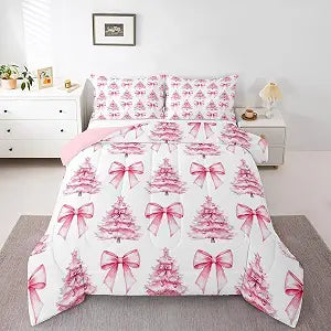 Manfei Pink Bowknot Kids Comforter Set Queen Size,Christmas Trees Pine Bow Tie Toddler Bedding Set,Girls Women Room Decor,Merry Christmas Happy New Year Down Comforter,Xmas Duvet Insert,2 Pillowcases