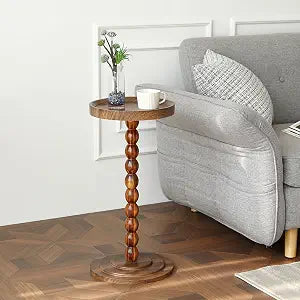 Round Pedestal SideTable Living Room, 24 in tall Small Drink Table Walnut