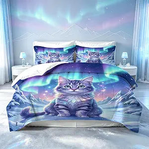 Galaxy Cat Comforter Set Twin Size Aurora Borealis Print Bedding Set Cute Kitten Starry Night Decor Blue Purple Bed Sets for Kids Girls Boys Teens, 1 Comforter 1 Pillowcase