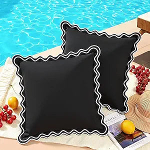 Black and White Scalloped Outdoor Throw Pillow Covers 18x18 Set of 2