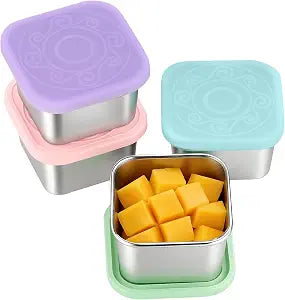 4 Pack Stainless Steel Snack Containers, 6oz Snack Box with Silicone Lids