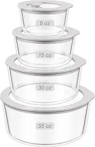 Glass Food Containers with Glass Lid, Microwave Safe Food Storage Container, Large 4 Pack Round Shape, Food Containers with Lids, Meal Prep containers with Leak Proof Lid.