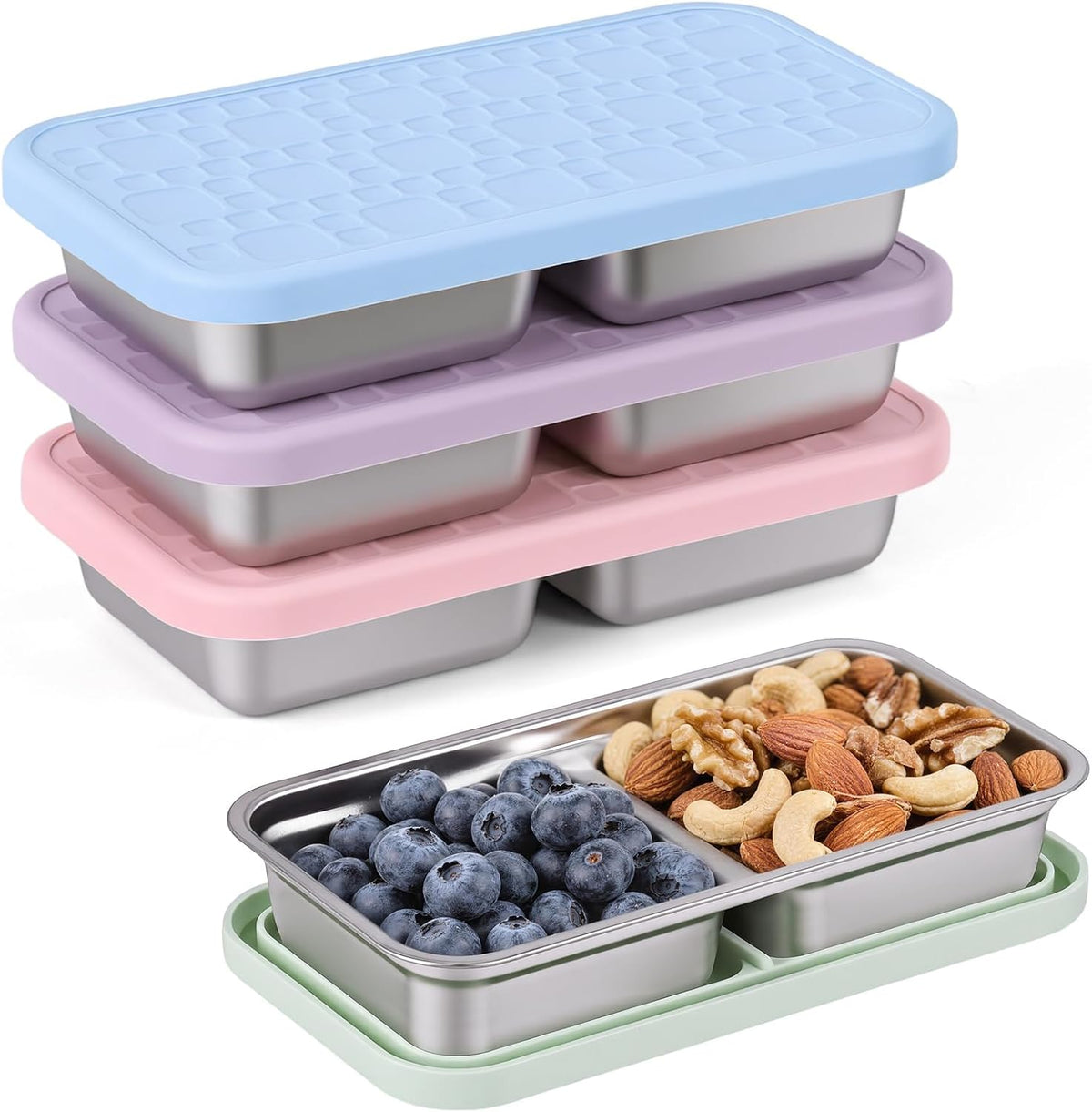 4 Pack Reusable Stainless Steel Snack Containers, 15 oz Metal Food Containers with Silicione Lids, Stackable Dual Compartment Lunch Box for School Lunch, Travel and Office