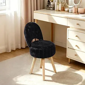 Vanity Stool with Storage & Folding Back,11.8 D x 12.9 W x 27.9" H Round Faux Fur Cute Vanity Chair with 4 Solid Wood Legs,Comfy Small Makeup Ottoman for Living Room,Bedroom,Closet,Black