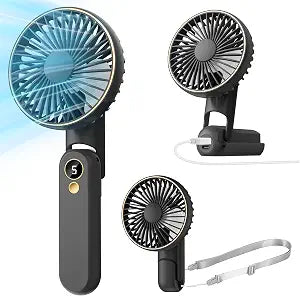 Portable Handheld Fan, [Up to 15 Working Hours] 180 Foldable Personal Fans, USB Rechargeable Mini Hand Fan for Travel/Summer/Outdoor/Office, 5 Speeds Adjustable, LED Display,Black