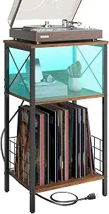 Sthmec 3 Tiers End Table with Charging Station, LED Record Player Stand Turntable for Vinyl Storage, Records Holder for Albums, Vinyl Holder Shelf Tables for Living Room, Bedroom Rustic Brown