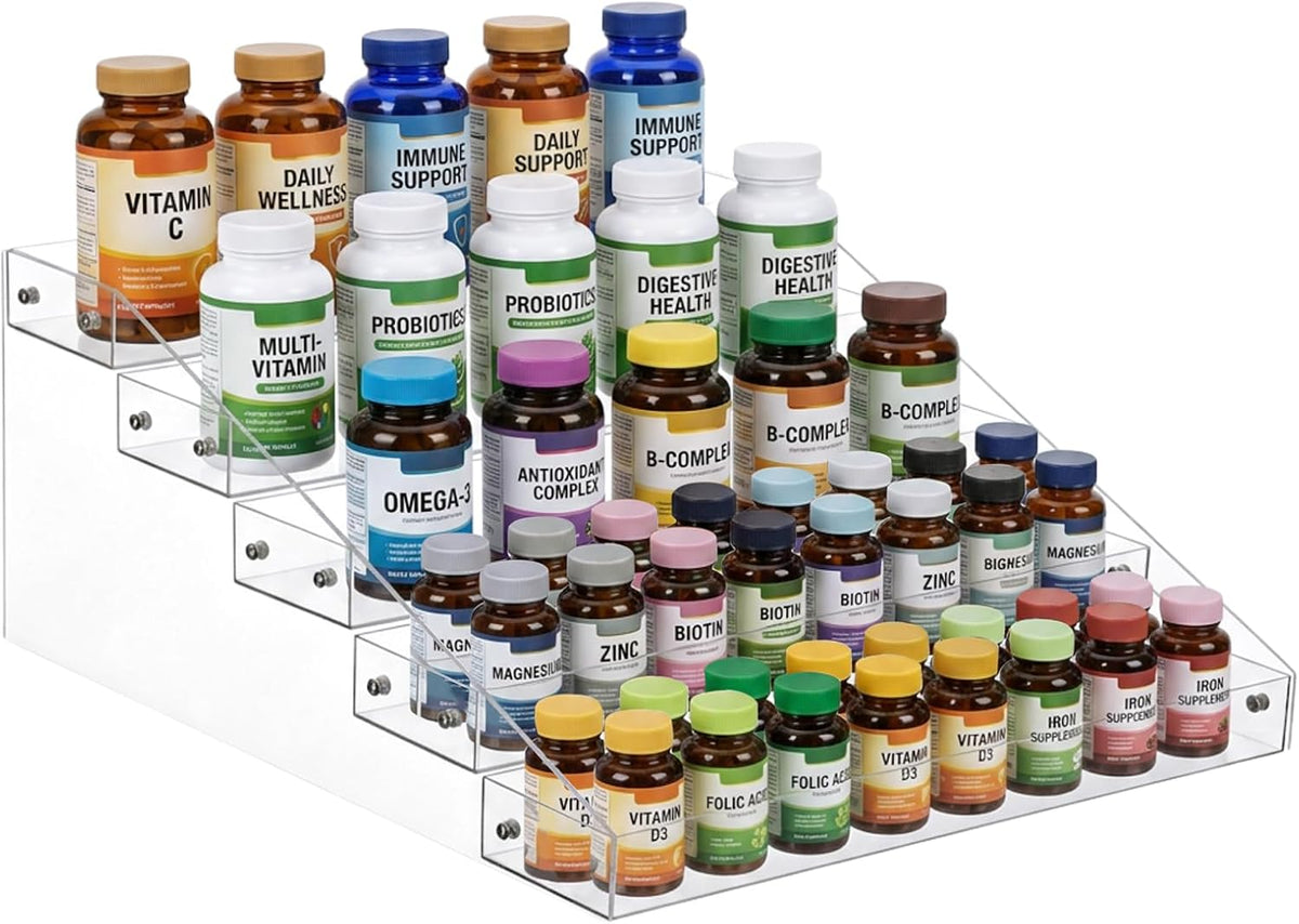 5-Tier Vitamin Bottle Storage Organizer, Medicine Cabinet Organizer for Vitamin Bottles and Medicine Bottles Acrylic Organizer Shelf for Countertop Bathroom Cabinet Storage Are Clearly Visible