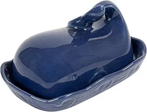 Creative Co-Op Stoneware Whale Butter Dish with Embossed Wave Detail, Navy Finish