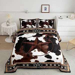 Feelyou Rustic Cow Comforter Set King Size Western Texas Star Comforter Rodeo Cowboy Cowgirl Bedding Set Cowhide Cow Print Duvet Set Room Decor White Brown Quilt Set