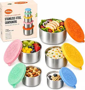 Piffny 304 Stainless Steel Snack Containers with Lids, 5 Pack Stackable Nesting Food Storage Containers, Metal Lunch Boxes for Travel School Work, 5 Sizes