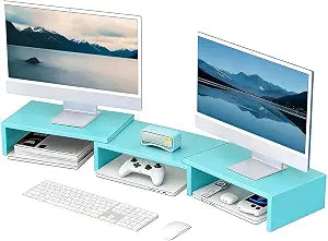 Desk Organizers and Accessories, Dual Monitor Stand Riser, Monitor Desk Shelf for Desktop Organization (Blue)