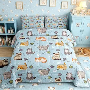 jejeloiu Cartoon Cat Kids Comforter Set Twin Size Kawaii Kitten Bedding Set Cute Cats Print Duvet Quilt for Kids Boys Girls Bedroom Decor Ultra Soft Breathable