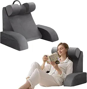 19" Reading Pillow for Bed with Back Support & Big Pockets, Grey