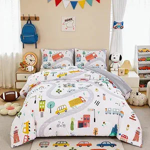 ZRNBAST Full Size Comforter Sets for Boys 3-Piece Cartoon Cars Kids Bedding Sets Soft and Lightweight White Construction Comforter with 2 Pillowcases All Season