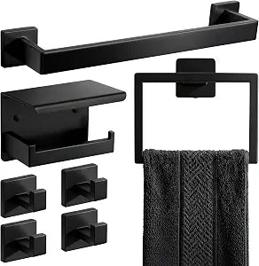 7-Piece Matte Black Bathroom Accessories Hardware Set, Stainless Steel 16" Towel Bar, Towel Ring, Toilet Paper Holder with Shelf, 4 Towel Hooks, Wall Mounted for Bathroom, Kitchen, Hotel