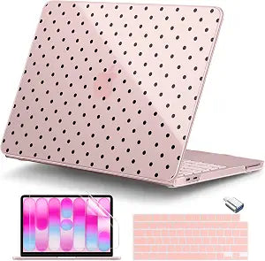 DONGKE for MacBook Neo 13 Inch Case 2026 (Model A3404, A18 Pro chip), Stylish Pattern Protective Hard Shell with Screen Protector, Keyboard Cover & USB-C Adapter - Blush Polka Dots
