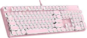 Typewriter Mechanical Gaming Keyboard with RGB Backlit Red Switches, 104 Keys Retro Round Keycap, Wired Typewriter Style Comfortable Typing Soud (Pink)