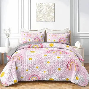 QOOMO Rainbow Quilt Set Full/Queen Size,Daisy Bedspread Coverlet Set