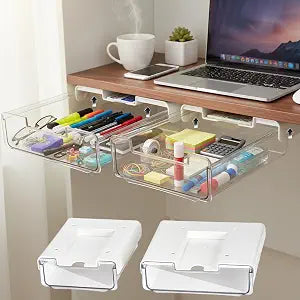 2 Pack Under Desk Hanging Drawer Slide Pull Out, Attachable Clear Acrylic Storage Tray, Easy Hidden Self Adhesive Mount Cabinet Shelf Holder for Tables, Home & Office, Counters, Workstation