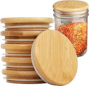 Bamboo Mason Jar Lids, 86mm/3.4 inch Natural Wooden Lids, Food Grade Silicone Sealing, 100% Fit and Airtight for Wide Mouth Jars (6PCS)