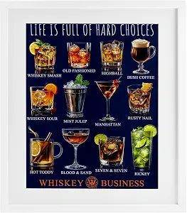 Whiskey Hard Choices Cocktail Print, 13 x 16 Inch Framed Print Under Glass