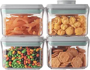 Ankou Airtight Container Set - (380ml 4 Pcs) Stackable One Button Openning Food Containers for Snacks Candy Salt Herbs Spices BPA-Free Tranparent (0.32 QT * 4)