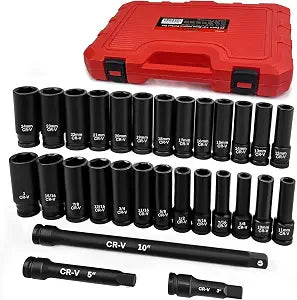 WETT 1/2" Drive Deep Impact Socket Set, 6Point, SAE/Metric 3/8"-1",1024mm