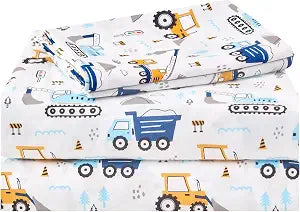 lasoftan Kids Sheet Set Twin Size 3 Pcs, Boys Sheet Set with Blue Excavator Car Pattern���Kids Boys Twin Fitted Sheet���Breathable & Silky Soft Microfiber Fitted Sheet