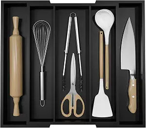Kitchen Utensil Organizer Silverware Tray - Bamboo Flatware Organizer Expandable 5 Slots Multipurpose Silverware Organizer for Office Storage Garage Organization W13.7"-19.9" x L17.6" X H2.5" (Black)