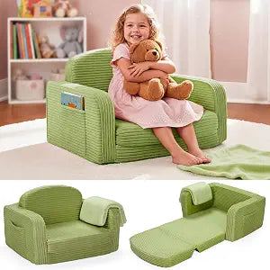 Foryoomi 2 in 1 Convertible Kids Couch - Corduroy Fold Out Kids Sofa Chair with Blanket, Comfy Comfortable Toddler Chair, Machine-Washable Cover, for Boys Girls, Medium Green