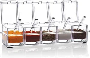VRESOURCING Clear Seasoning Box, 5 Pieces Clear Seasoning Storage Container for Spice Salt Sugar Cruet,Condiment Jars with Spoons