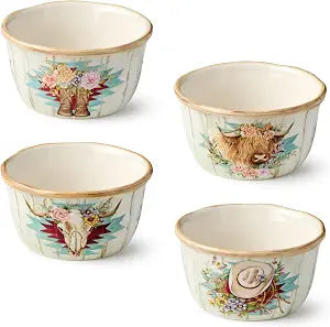 Rosewood 22-Ounce Ice Cream Bowls, Set of 4, Assorted Western Designs with Floral Cowboy Boots, Cowboy Hat, Highland Cow & Steer Skull, Durable Ceramic, Perfect for Desserts & Rustic Dining
