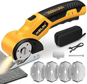 2026 New 3000mAh Electric Cardboard Box Cutter with 4 Blades, Cordless Electric Scissors with Safety Lock & LED Light, Storage Box, 300 RPM, Electric Cutter for Fabric Carpet Carton Leather Cloth