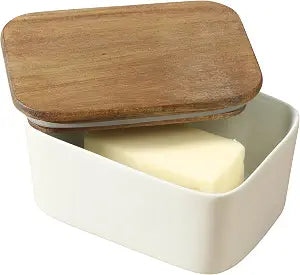 Gibson Home Bristlewood Rectangular Ceramic Butter Keeper with Acacia Wood Lid, Modern Farmhouse Butter Dish, Glazed Stoneware Storage for Kitchen Countertop or Table