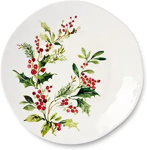 Holly and Vines Christmas Dinner Plates  Set of 4 Stoneware Holiday Plates with Artist-Designed Greenery & Berry Motifs, Elegant Christmas Tableware for Entertaining & Winter Dining