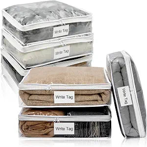 6 Pack Clear Zippered Plastic Storage Bags, Vinyl Sweater Bags with Zipper, Durable Clothing Organizer Protectors for Quilt, Blankets and Bedding, 15.3" x 13.8" x 3.9"