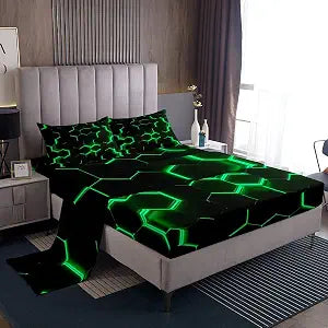 Feelyou Honeycomb Bedding Sheets Twin Size,Geometric Hexagon Theme with Green Neon Lights Bed Sheet Set,Boys Teen Man Chic Home Sheet Set 3Pcs with 1 Pillowcase,Black
