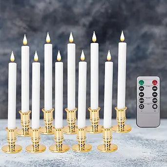 LED Flameless Window Candles with Remote Timer 10 PCS Battery Operated Flickering Taper Candle Lights with Removable Gold Candle Holders Best Gift for Xmas Wedding Home Dinner Decor
