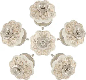 Piutouyar 6PCS Ceramic Cabinet Knobs,Gold and White Roll Hand Painted Knob