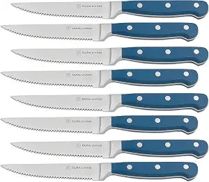 DURA LIVING Premium 8-Piece Steak Knife Set  Sharp Serrated Blades, Forged High Carbon Stainless Steel, Full Tang, Ergonomic Handle, Royal Blue  Ideal for Dining & Entertaining