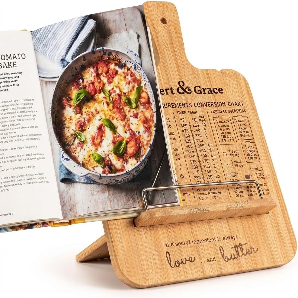Adjustable Bamboo Cookbook Stand with Conversion Chart