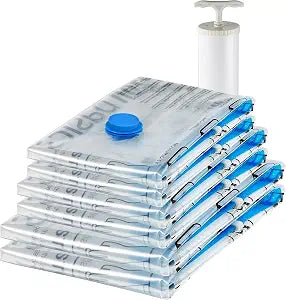 Amazon Basics Vacuum Storage Bags for Clothing, Multiple Sizes Compression Zipper Bags with Hand Pump for Space Saving and Travel, 6-Pack (2 Medium, 2 Large, 2 Jumbo), Transparent
