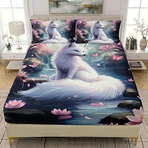 AILONEN Fox Fitted Sheet Set Twin Size, Pink Cherry Blossom Bedding Set for Kids Girls Teens Adults,Floral Wild White Fox Bed Sheet Set for Bedroom Decor,1 Fitted Sheet and 2 Pillowcases,3-Pieces