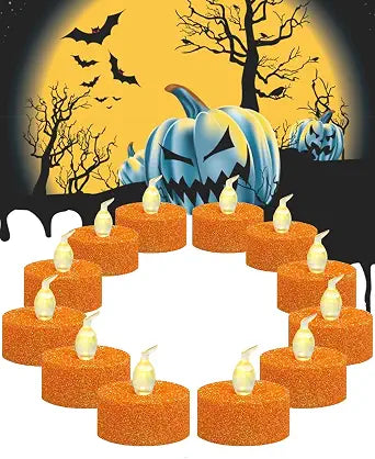 Orange Glitter Tea Lights with 6H Timer,12 Pack