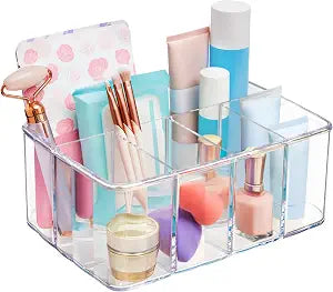 STORi 5-Compartment Clear Plastic Organizer | Rectangular Divided Makeup and Vanity Storage Bin and Office Desk Caddy | Scalloped Wall Design | Made in USA