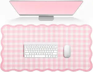 Scalloped Gingham Pink Desk Mat,Large Cute Desk Pad for Keyboard Mouse,Girly Mouse Pad for Desktop Office